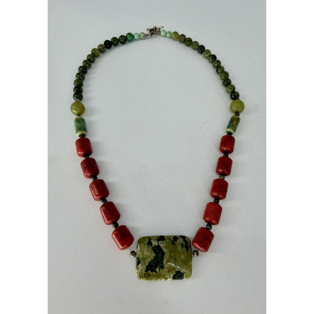 Sterling Silver Statement Necklace Unakite Coral 10.5"